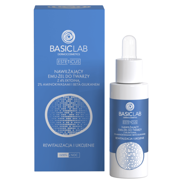 BasicLab Nawilżający Emu-Żel do twarzy z 4% Ektoiną, aminokwasami i beta-glukanem 30ml